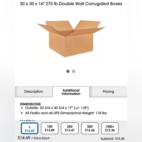 5pcs x ULINE 30 X 30 X 16" 275 Lb Double Wall Corrugated Boxes Commercial Grade - Picture 4 of 5
